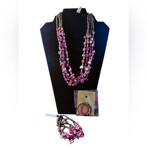 Artisan Beaded & Shell Costume Jewelry Purple NWT Necklace Bracelet Earrings Set